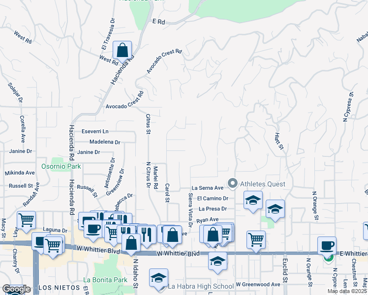 map of restaurants, bars, coffee shops, grocery stores, and more near 541 Papyrus Drive in La Habra Heights