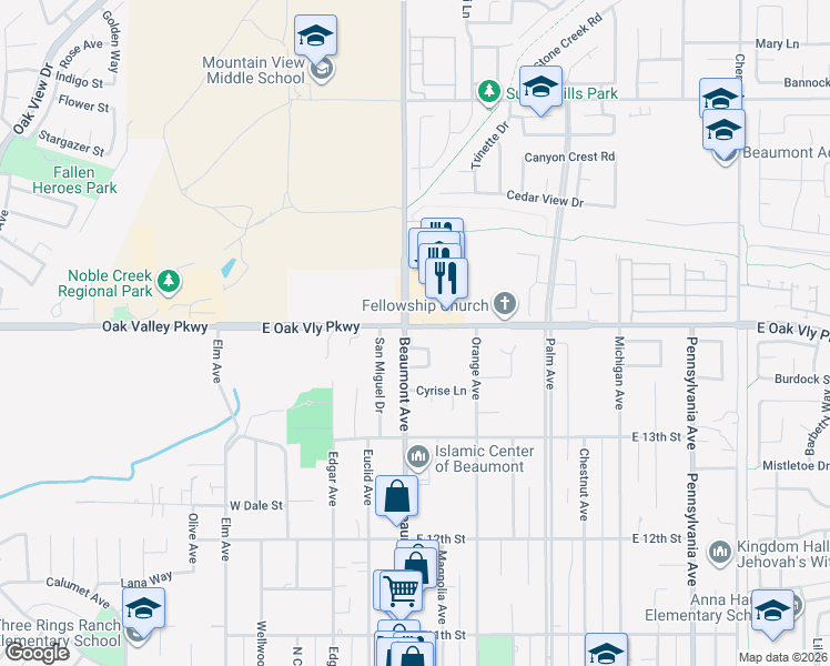 map of restaurants, bars, coffee shops, grocery stores, and more near 1386 Beaumont Avenue in Beaumont