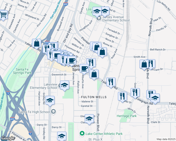 map of restaurants, bars, coffee shops, grocery stores, and more near 11731 Telegraph Road in Santa Fe Springs