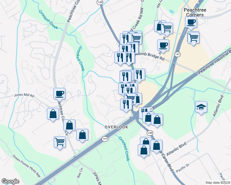 map of restaurants, bars, coffee shops, grocery stores, and more near 3267 Hidden Cove Circle Northwest in Peachtree Corners