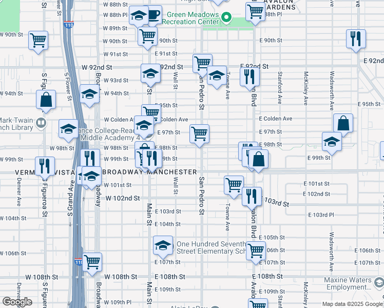 map of restaurants, bars, coffee shops, grocery stores, and more near 237 East 99th Street in Los Angeles