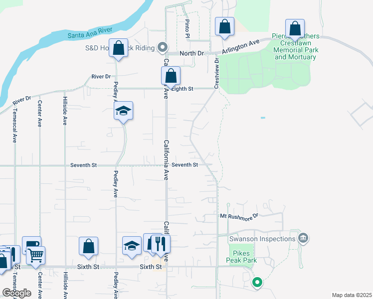 map of restaurants, bars, coffee shops, grocery stores, and more near 243 7th Street in Norco