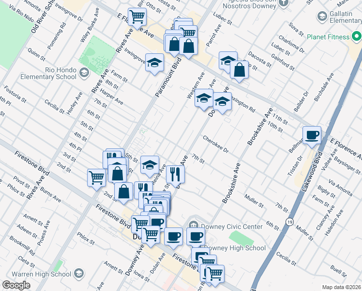 map of restaurants, bars, coffee shops, grocery stores, and more near 10547 Downey Avenue in Downey