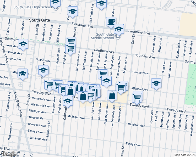 map of restaurants, bars, coffee shops, grocery stores, and more near 9633 San Juan Avenue in South Gate