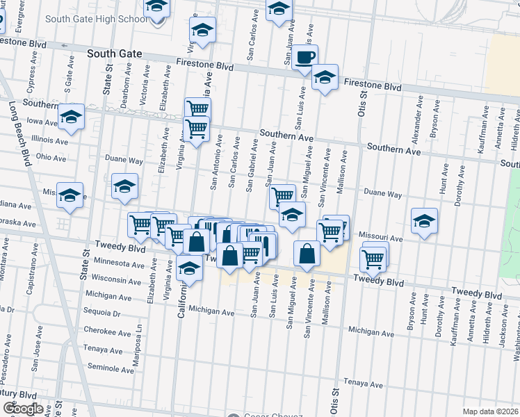 map of restaurants, bars, coffee shops, grocery stores, and more near 9633 San Juan Avenue in South Gate