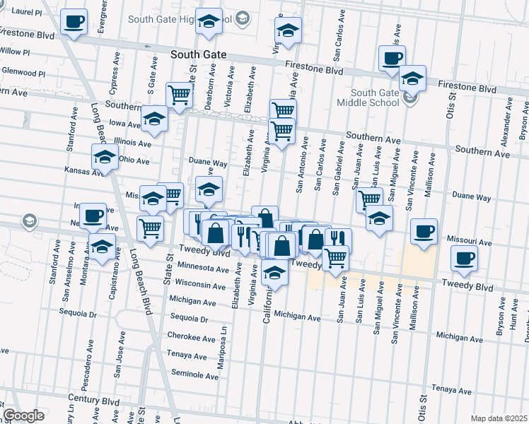 map of restaurants, bars, coffee shops, grocery stores, and more near 9645 California Avenue in South Gate