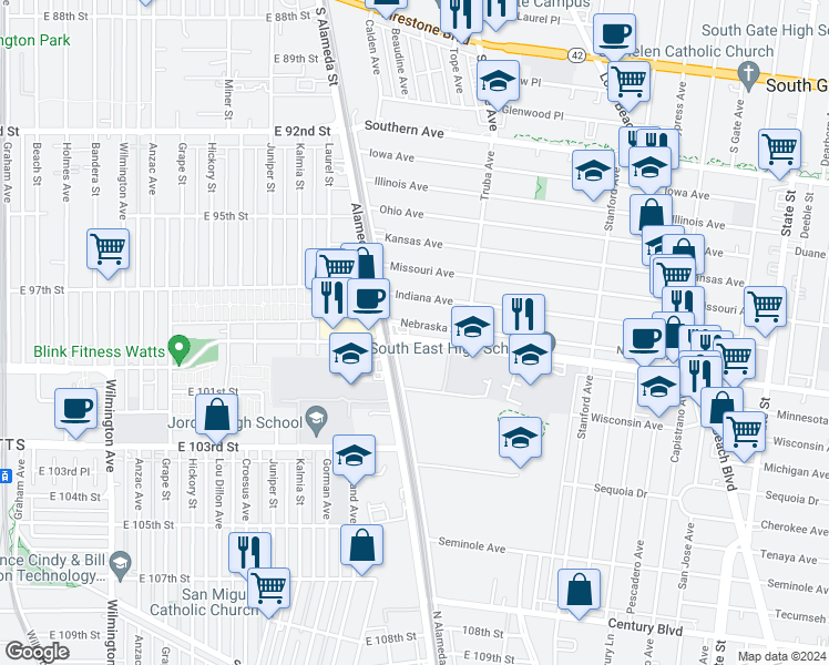 map of restaurants, bars, coffee shops, grocery stores, and more near 2529 Tweedy Boulevard in South Gate