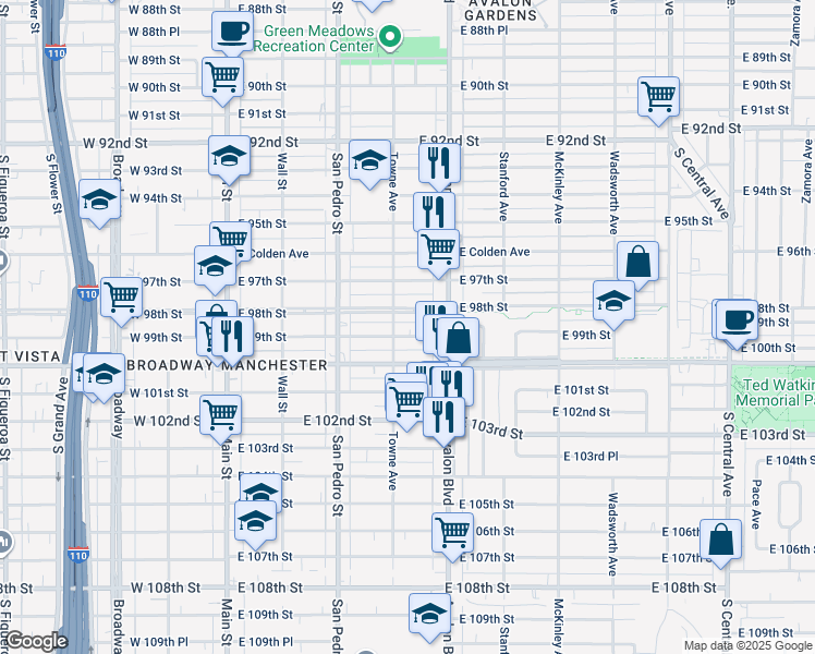 map of restaurants, bars, coffee shops, grocery stores, and more near 9825 Towne Avenue in Los Angeles
