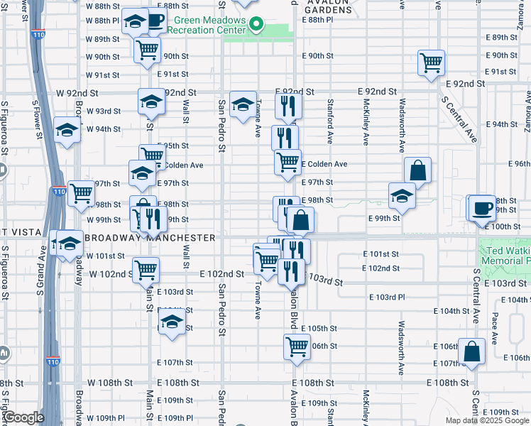 map of restaurants, bars, coffee shops, grocery stores, and more near 9825 Towne Avenue in Los Angeles