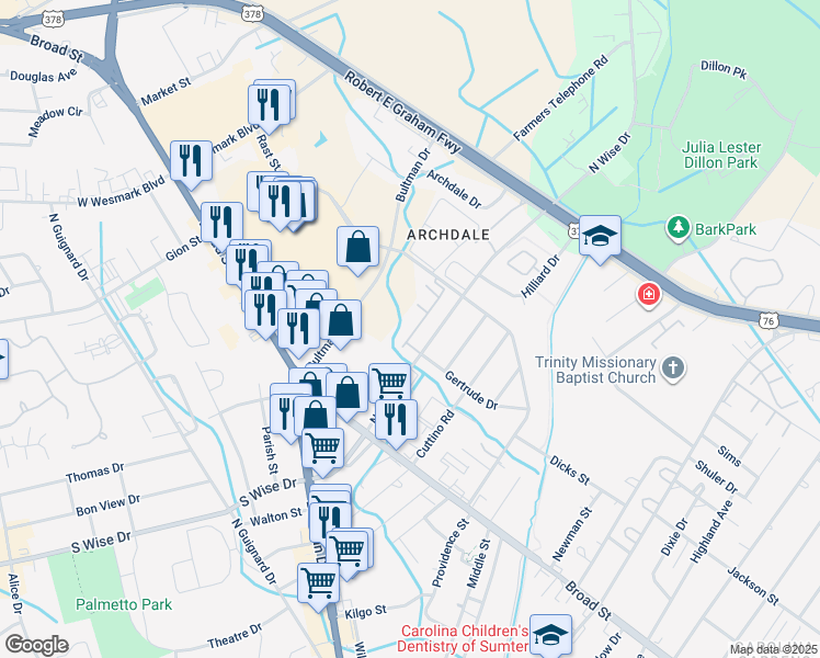 map of restaurants, bars, coffee shops, grocery stores, and more near 170 Gertrude Drive in Sumter