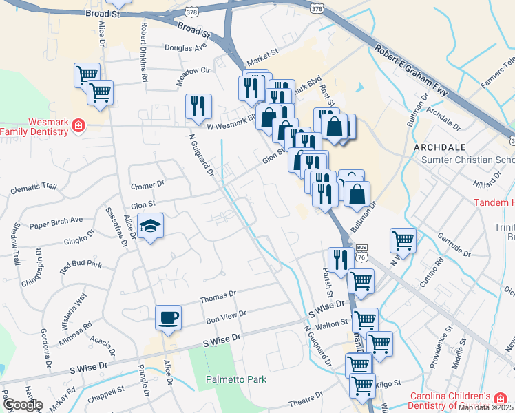 map of restaurants, bars, coffee shops, grocery stores, and more near 1010 Jessamine Trail in Sumter