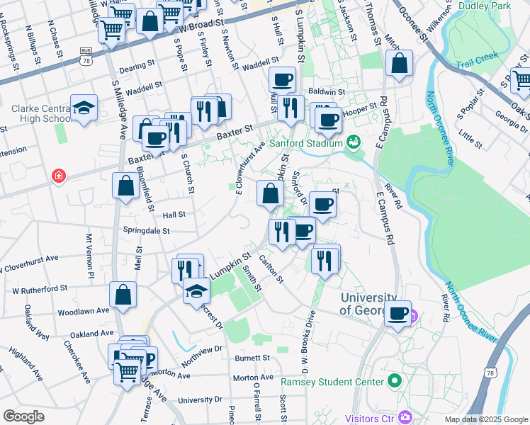 map of restaurants, bars, coffee shops, grocery stores, and more near 1064 South Lumpkin Street in Athens