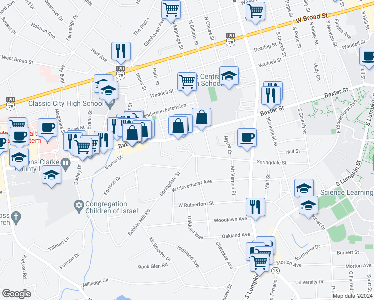 map of restaurants, bars, coffee shops, grocery stores, and more near 414 Springdale Street in Athens