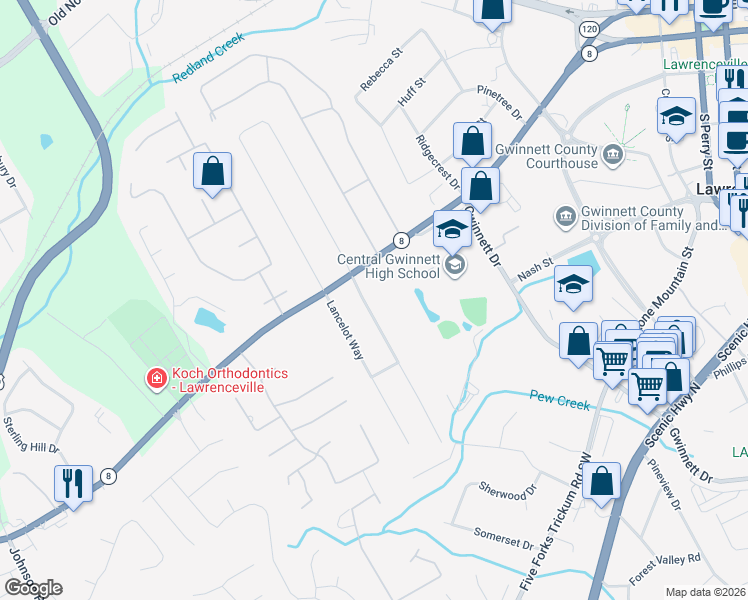 map of restaurants, bars, coffee shops, grocery stores, and more near 149 King Arthur Drive in Lawrenceville