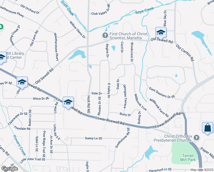 map of restaurants, bars, coffee shops, grocery stores, and more near 270 East Valley Drive in Marietta