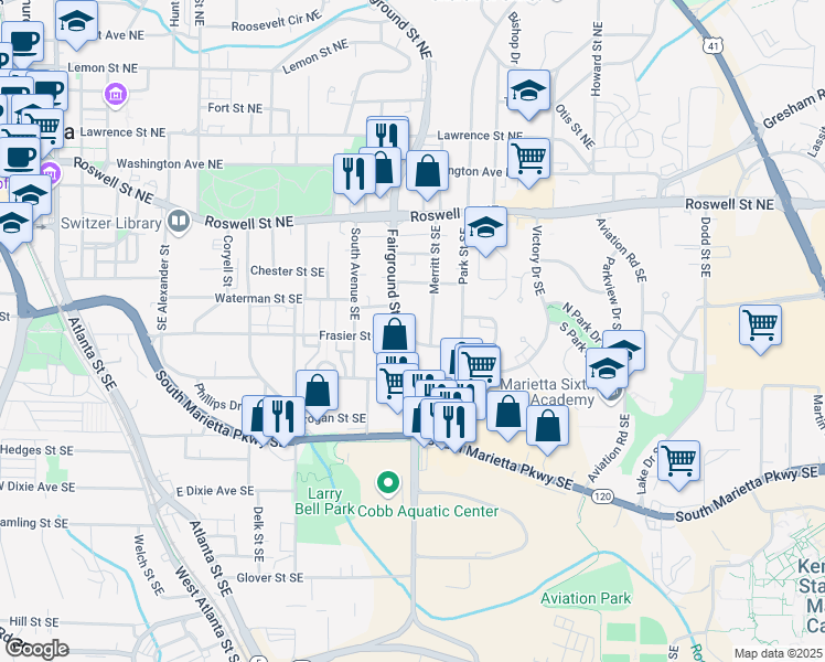 map of restaurants, bars, coffee shops, grocery stores, and more near 591 Frasier Street Southeast in Marietta