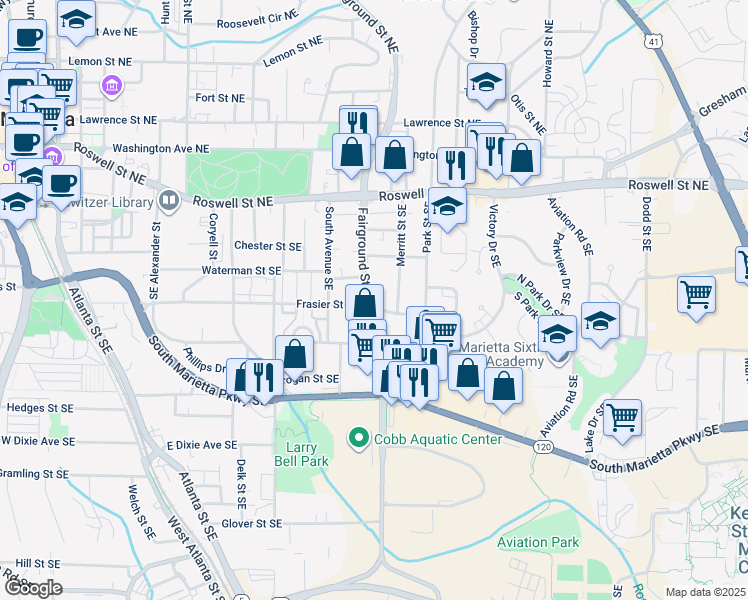 map of restaurants, bars, coffee shops, grocery stores, and more near 591 Frasier Street Southeast in Marietta
