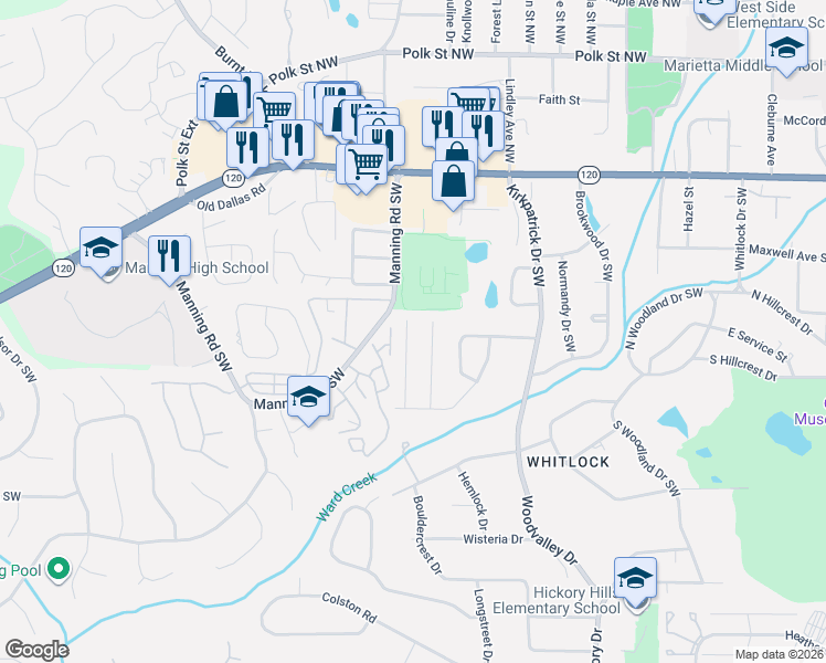 map of restaurants, bars, coffee shops, grocery stores, and more near 237 Machelle Lane Southwest in Marietta