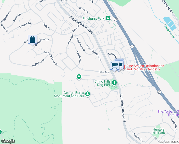 map of restaurants, bars, coffee shops, grocery stores, and more near 5533 Pine Avenue in Chino Hills