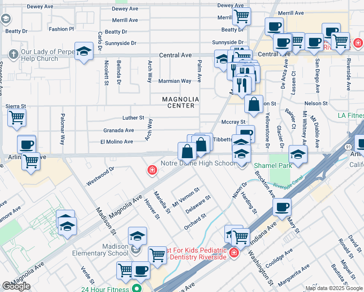 map of restaurants, bars, coffee shops, grocery stores, and more near 7024 Magnolia Avenue in Riverside