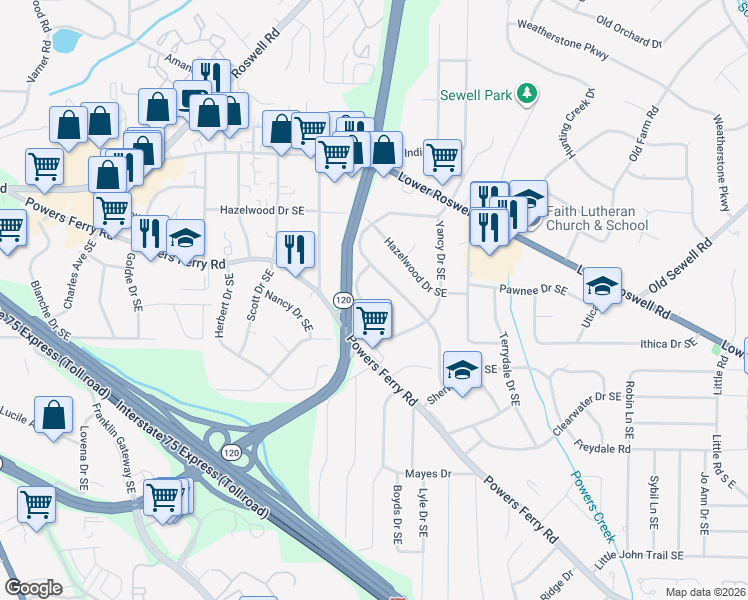 map of restaurants, bars, coffee shops, grocery stores, and more near 112 East Acres Drive Southeast in Marietta