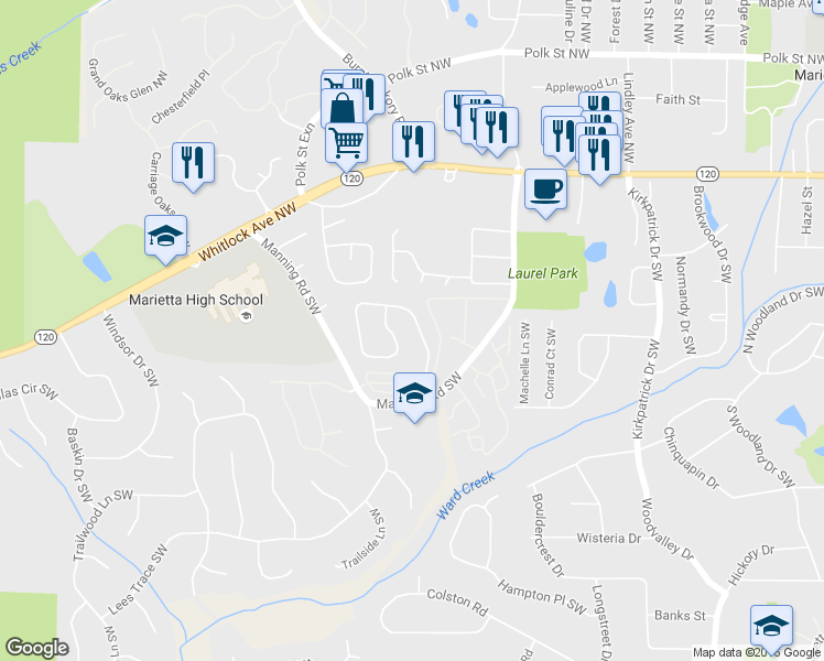map of restaurants, bars, coffee shops, grocery stores, and more near 252 Kimberly Way Southwest in Marietta