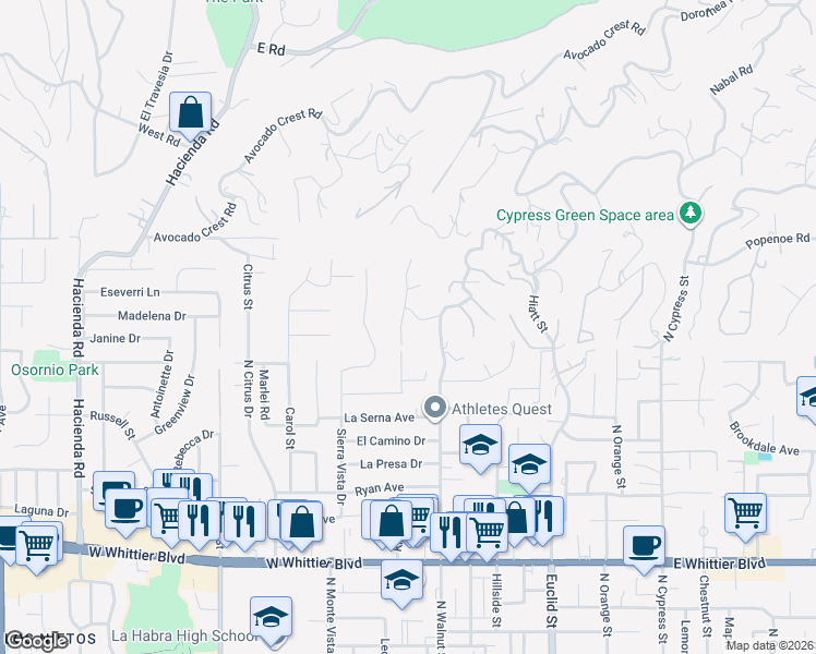 map of restaurants, bars, coffee shops, grocery stores, and more near 1246 El Paseo in La Habra Heights