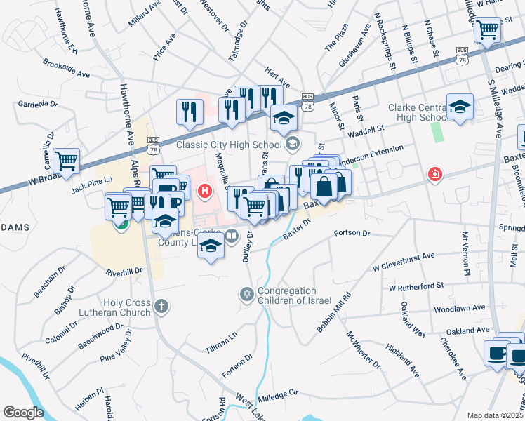 map of restaurants, bars, coffee shops, grocery stores, and more near 1088 Baxter Street in Athens