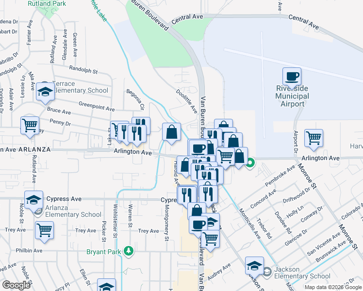 map of restaurants, bars, coffee shops, grocery stores, and more near 7509 Arlington Avenue in Riverside