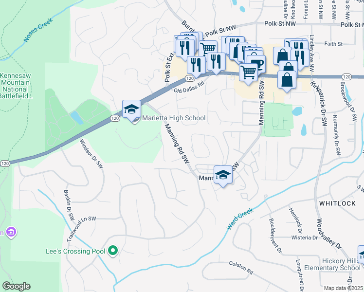 map of restaurants, bars, coffee shops, grocery stores, and more near 580 Manning Road Southwest in Marietta