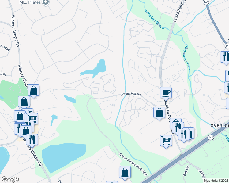 map of restaurants, bars, coffee shops, grocery stores, and more near 200 Ashley Lakes Drive in Peachtree Corners