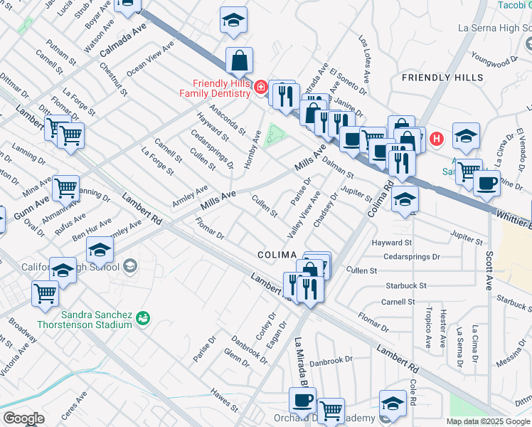 map of restaurants, bars, coffee shops, grocery stores, and more near 14648 Cullen Street in Whittier