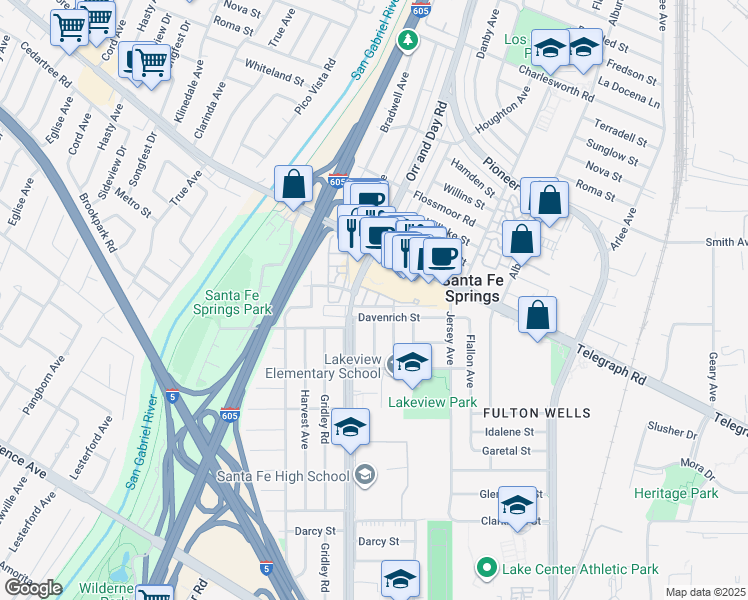map of restaurants, bars, coffee shops, grocery stores, and more near 11538 Promenade Drive in Santa Fe Springs