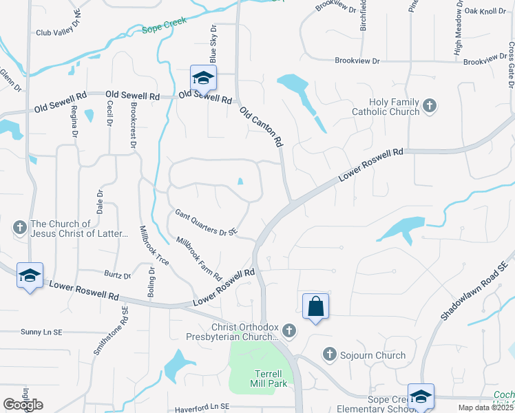map of restaurants, bars, coffee shops, grocery stores, and more near 2951 Gant Quarters Circle in Marietta