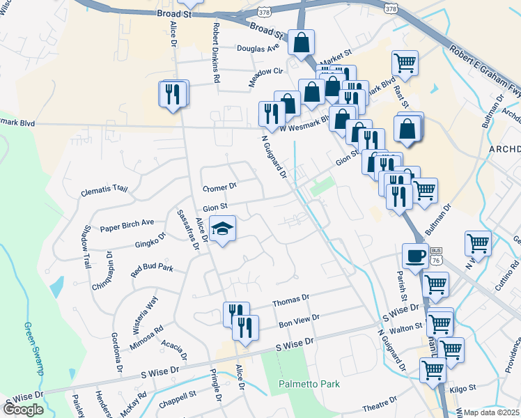 map of restaurants, bars, coffee shops, grocery stores, and more near 2141 Tudor Street in Sumter
