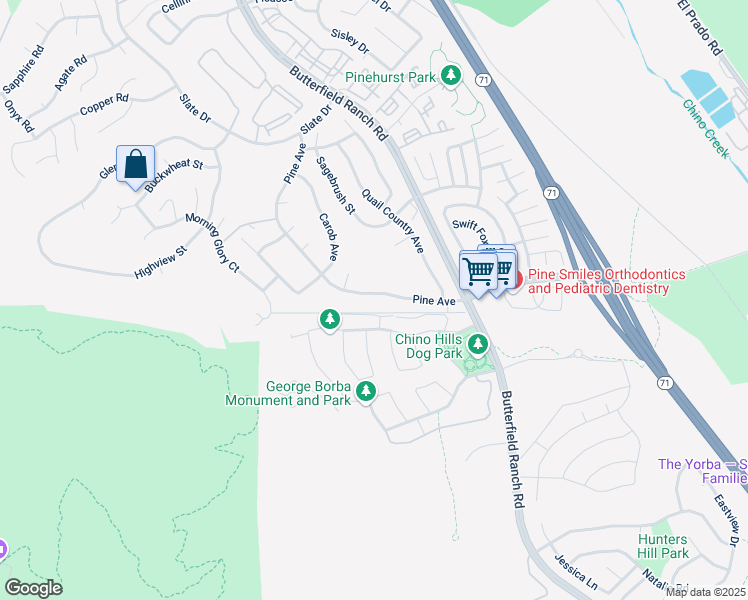 map of restaurants, bars, coffee shops, grocery stores, and more near 5533 Pine Avenue in Chino Hills