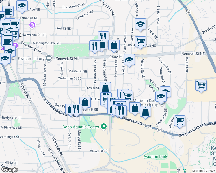 map of restaurants, bars, coffee shops, grocery stores, and more near 591 Frasier Street Southeast in Marietta