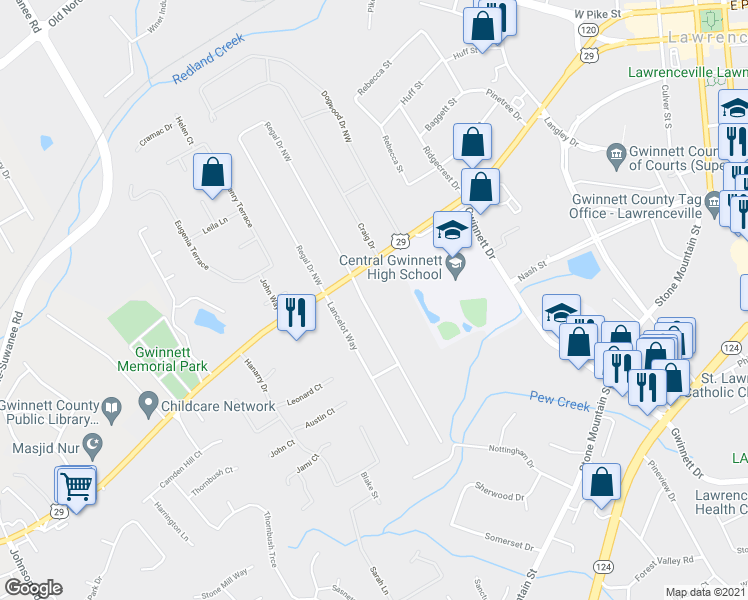 map of restaurants, bars, coffee shops, grocery stores, and more near 149 King Arthur Drive in Lawrenceville