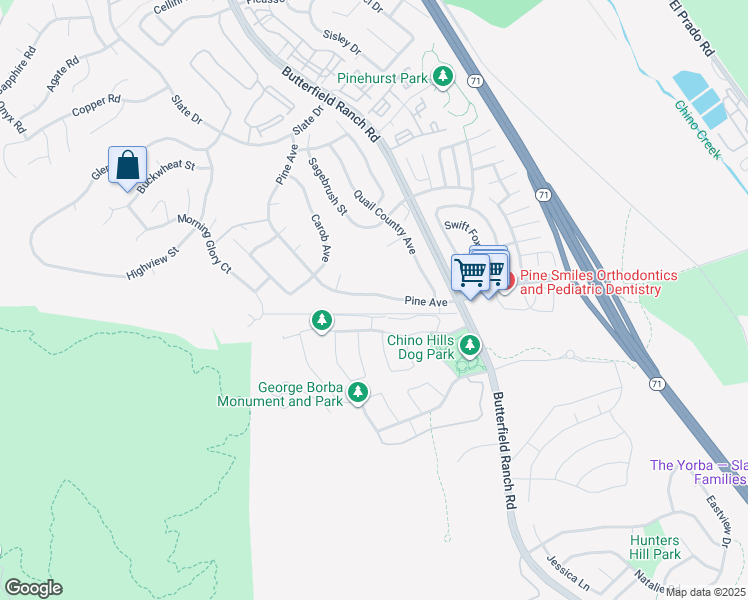 map of restaurants, bars, coffee shops, grocery stores, and more near 5549 Pine Avenue in Chino Hills