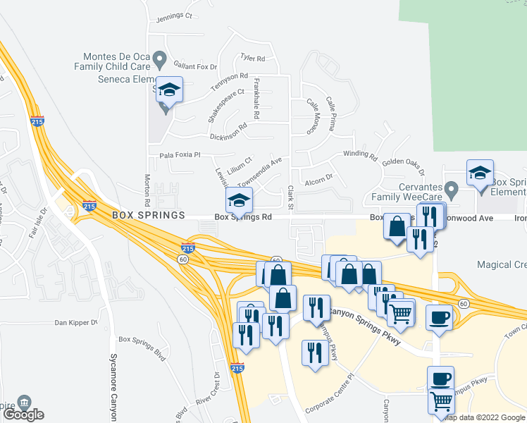 map of restaurants, bars, coffee shops, grocery stores, and more near 21415 Blossom Hill Lane in Moreno Valley