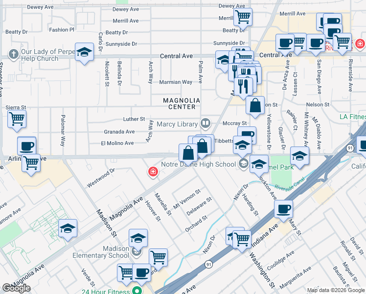 map of restaurants, bars, coffee shops, grocery stores, and more near 6979 Palm Court in Riverside