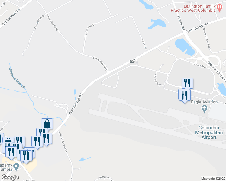 map of restaurants, bars, coffee shops, grocery stores, and more near 3525 Air Commerce Drive in West Columbia