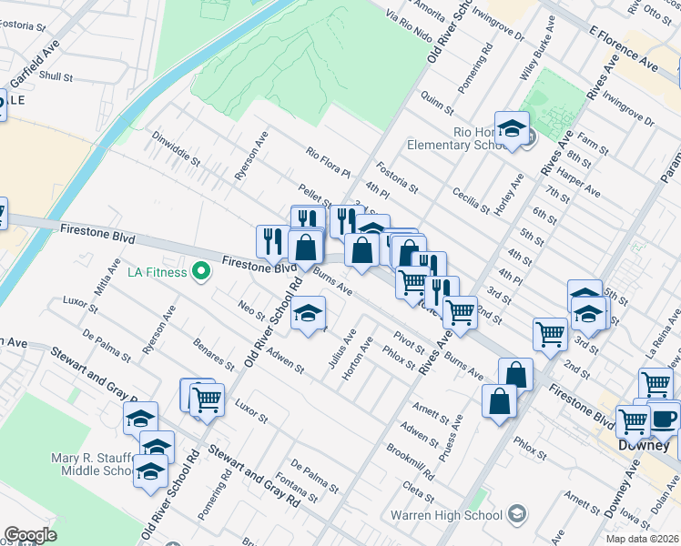 map of restaurants, bars, coffee shops, grocery stores, and more near 7440 Firestone Boulevard in Downey