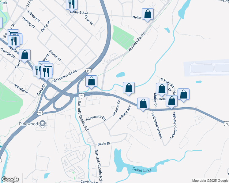 map of restaurants, bars, coffee shops, grocery stores, and more near 1725 Lexington Road in Athens