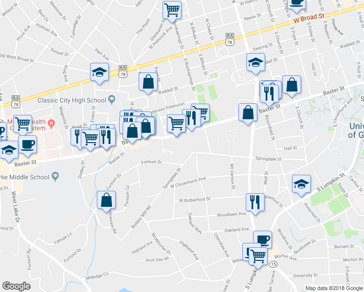 map of restaurants, bars, coffee shops, grocery stores, and more near 414 Springdale Street in Athens