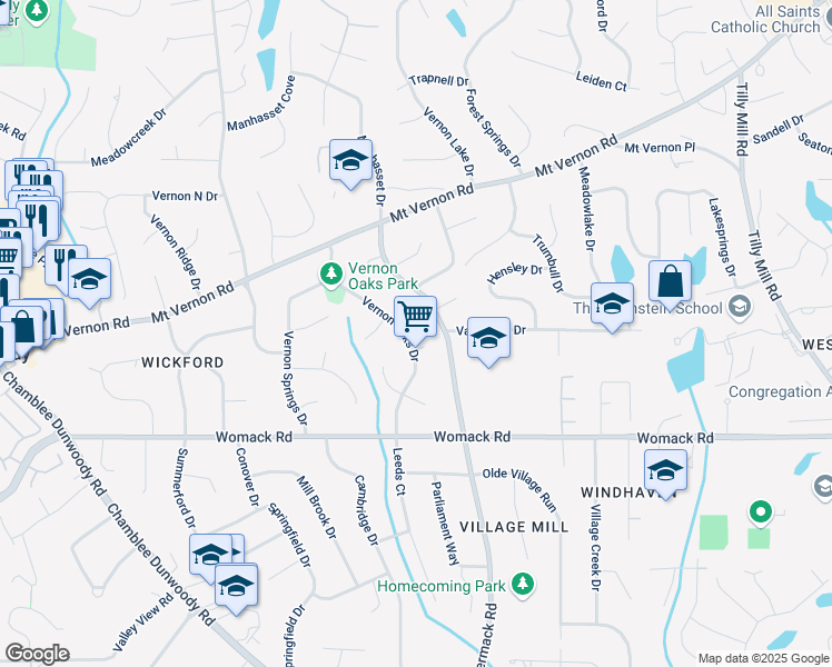 map of restaurants, bars, coffee shops, grocery stores, and more near 5023 Vernon Oaks Drive in Dunwoody