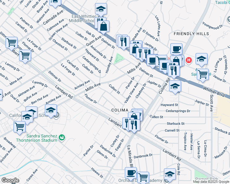 map of restaurants, bars, coffee shops, grocery stores, and more near 14648 Cullen Street in Whittier