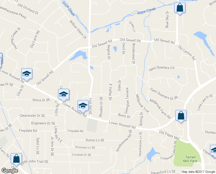 map of restaurants, bars, coffee shops, grocery stores, and more near 270 East Valley Drive in Marietta