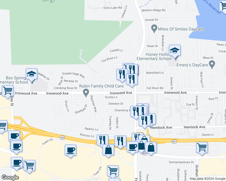 map of restaurants, bars, coffee shops, grocery stores, and more near 22817 Sweet Pea Circle in Moreno Valley