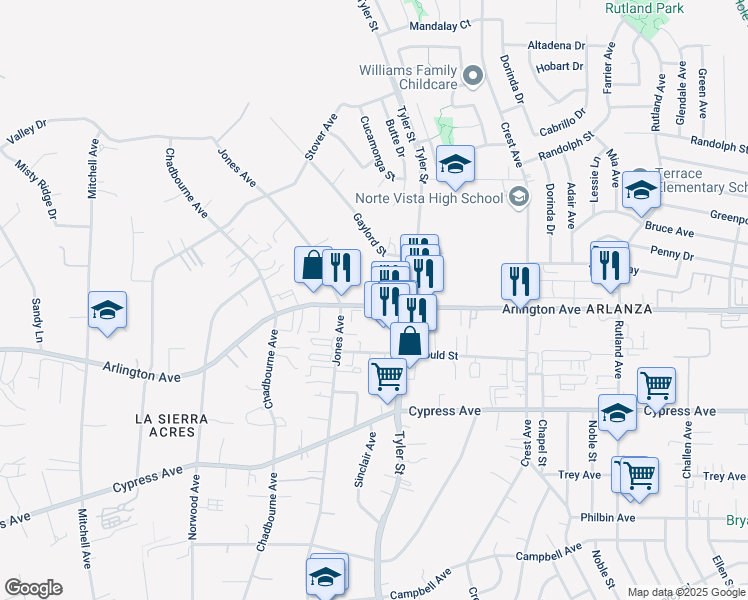 map of restaurants, bars, coffee shops, grocery stores, and more near 10355 Arlington Avenue in Riverside